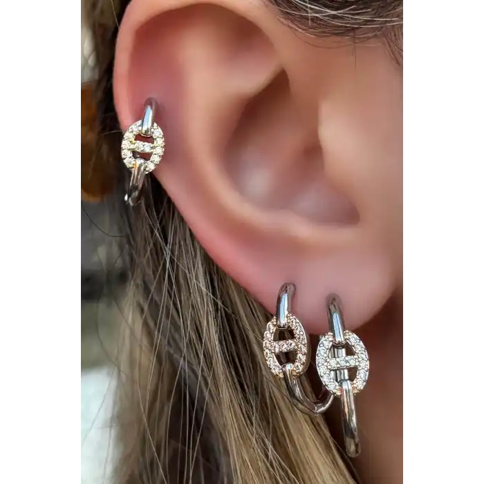 Gümüş Renk Taş Detaylı VİP 3lü YSX Küpe Set