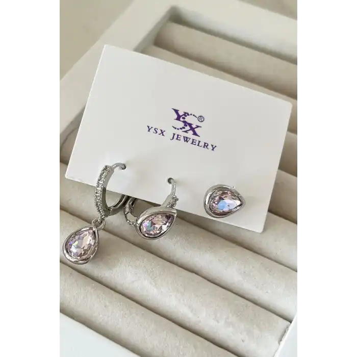 Gümüş Renk Taş Detaylı VİP 3lü YSX Küpe Set