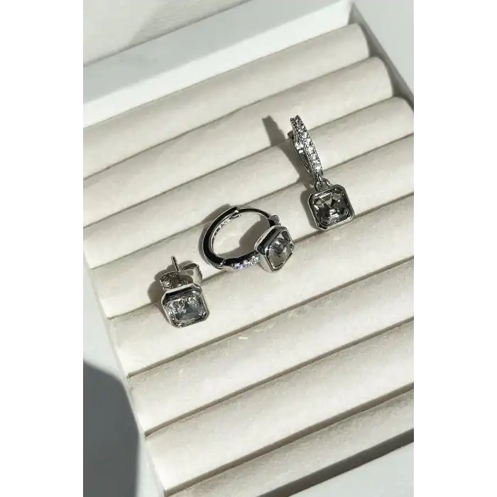 Gümüş Renk Taş Detaylı VİP 3lü YSX Küpe Set