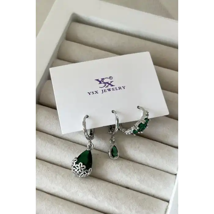 Gümüş Renk Taş Detaylı VİP 3lü YSX Küpe Set