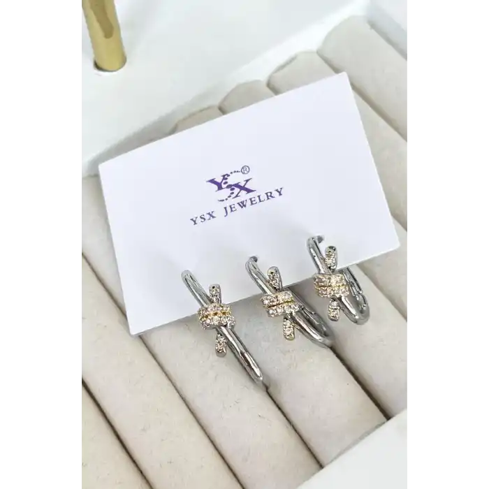 Gümüş Renk Taş Detaylı VİP 3lü YSX Küpe Set