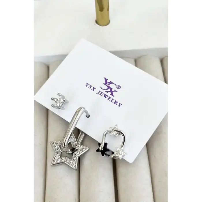 Gümüş Renk Taş Detaylı VİP 3lü YSX Küpe Set