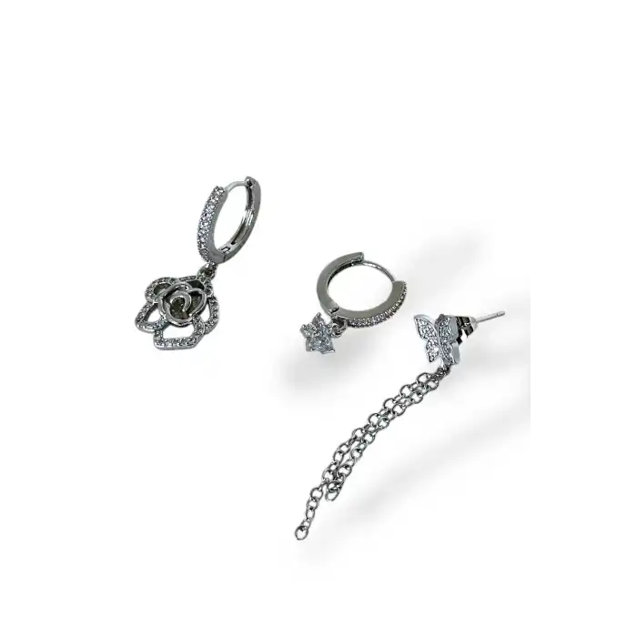 Gümüş Renk Taş Detaylı VİP 3lü YSX Küpe Set