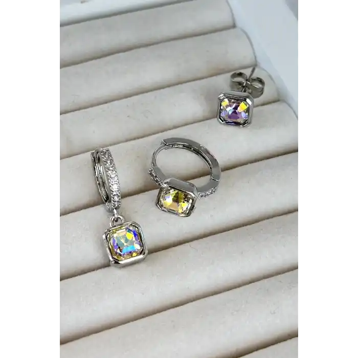 Gümüş Renk Taş Detaylı VİP 3lü YSX Küpe Set