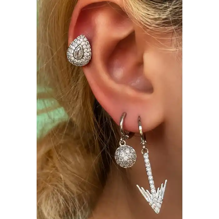 Gümüş Renk Taş Detaylı VİP 3lü YSX Küpe Set