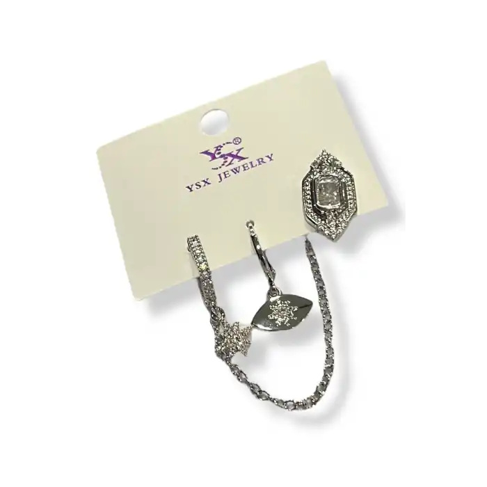 Gümüş Renk Taş Detaylı VİP 3lü YSX Küpe Set