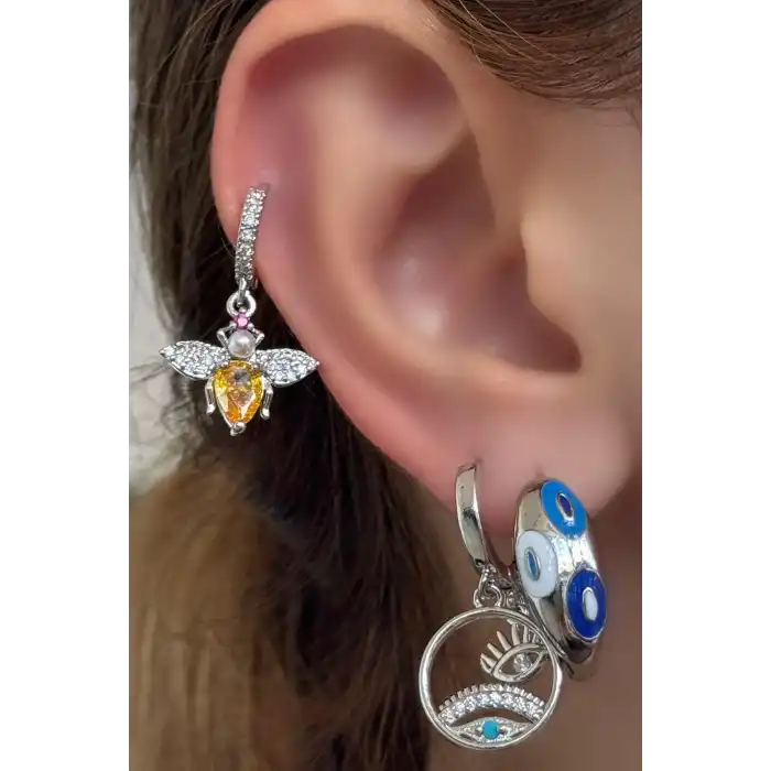 Gümüş Renk Taş Detaylı VİP 3lü YSX Küpe Set