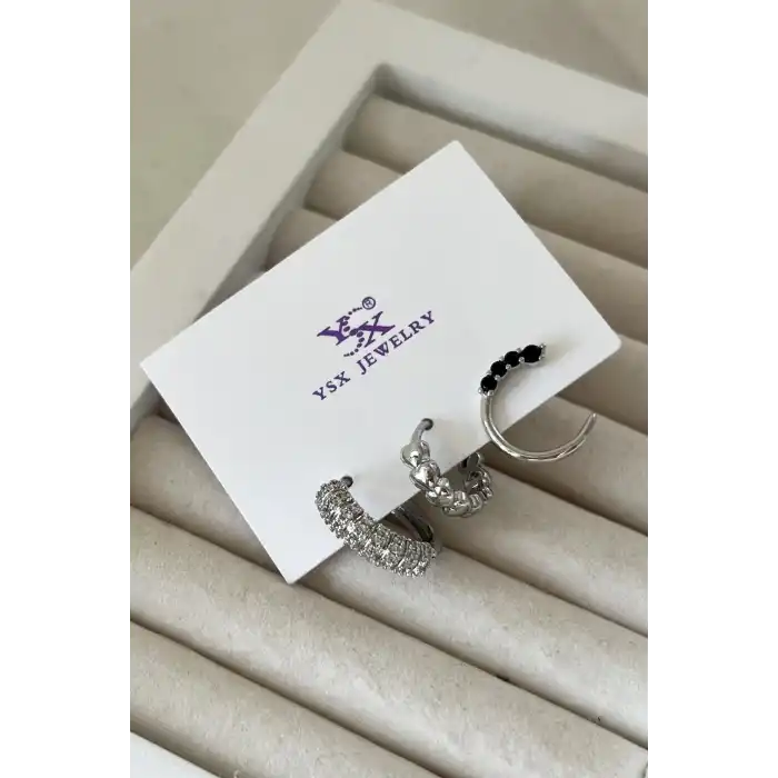 Gümüş Renk Taş Detaylı VİP 3lü YSX Küpe Set