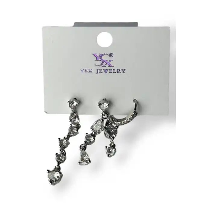 Gümüş Renk Taş Detaylı VİP 3lü YSX Küpe Set