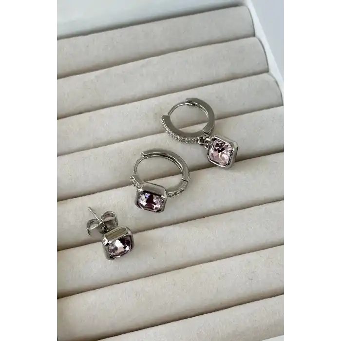 Gümüş Renk Taş Detaylı VİP 3lü YSX Küpe Set