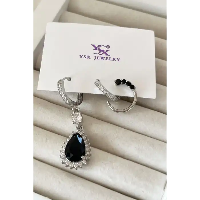 Gümüş Renk Taş Detaylı VİP 3lü YSX Küpe Set