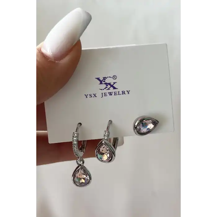 Gümüş Renk Taş Detaylı VİP 3lü YSX Küpe Set