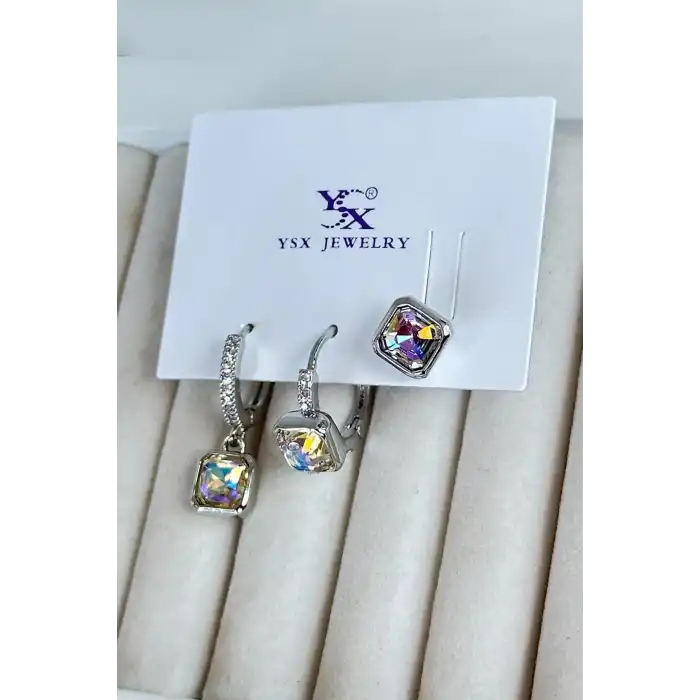 Gümüş Renk Taş Detaylı VİP 3lü YSX Küpe Set