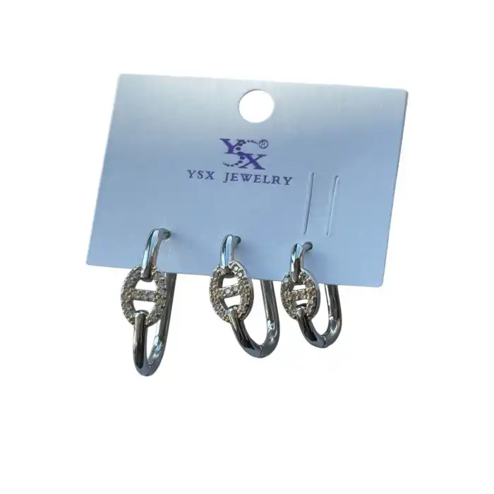 Gümüş Renk Taş Detaylı VİP 3lü YSX Küpe Set