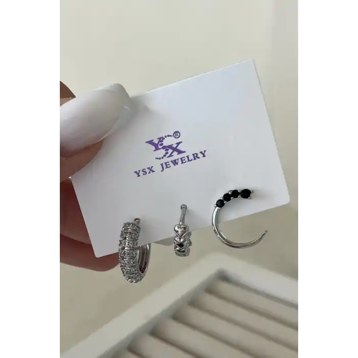 Gümüş Renk Taş Detaylı VİP 3lü YSX Küpe Set