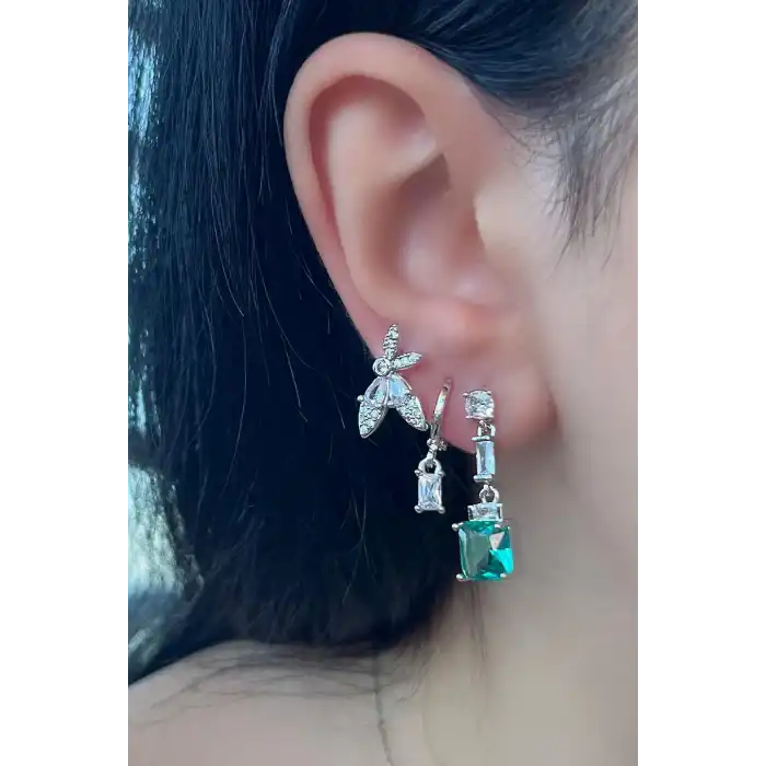 Gümüş Renk Taş Detaylı VİP 3lü YSX Küpe Set