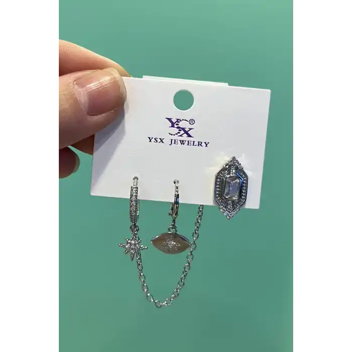 Gümüş Renk Taş Detaylı VİP 3lü YSX Küpe Set