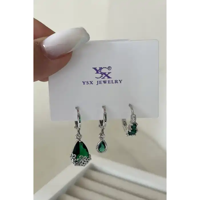 Gümüş Renk Taş Detaylı VİP 3lü YSX Küpe Set