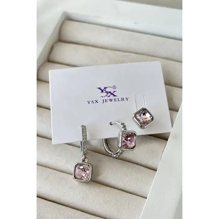 Gümüş Renk Taş Detaylı VİP 3lü YSX Küpe Set