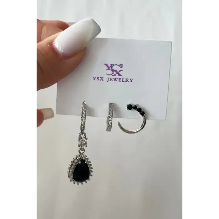 Gümüş Renk Taş Detaylı VİP 3lü YSX Küpe Set