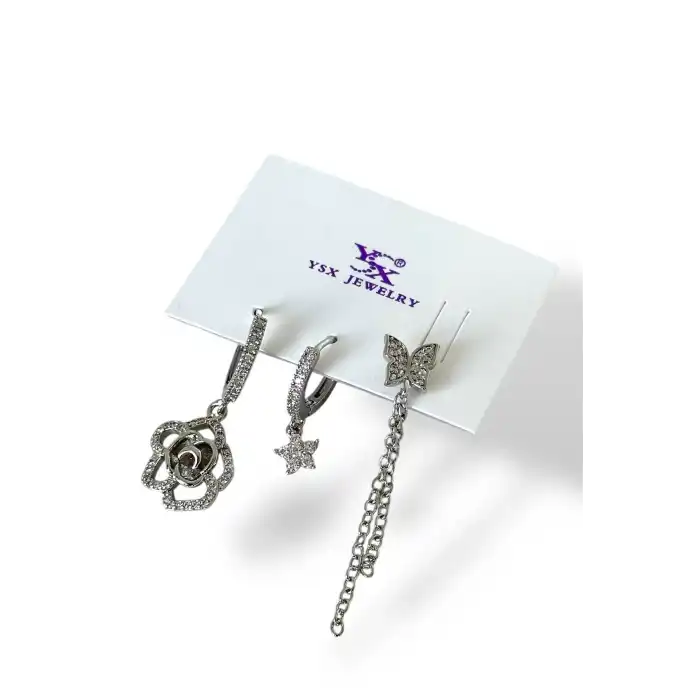 Gümüş Renk Taş Detaylı VİP 3lü YSX Küpe Set