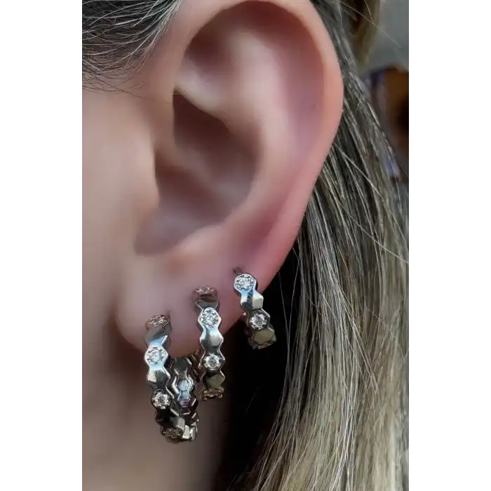 Gümüş Renk Taş Detaylı VİP 3lü YSX Küpe Set