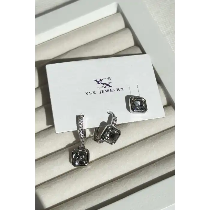 Gümüş Renk Taş Detaylı VİP 3lü YSX Küpe Set