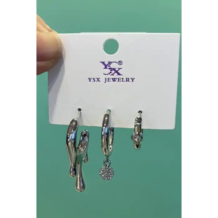 Gümüş Renk Taş Detaylı VİP 3lü YSX Küpe Set