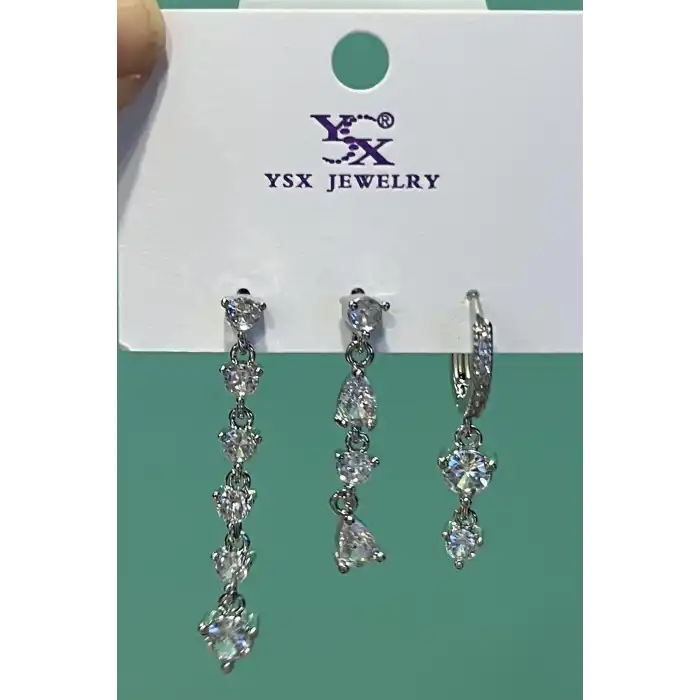 Gümüş Renk Taş Detaylı VİP 3lü YSX Küpe Set