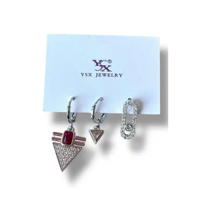 Gümüş Renk Taş Detaylı VİP 3lü YSX Küpe Set