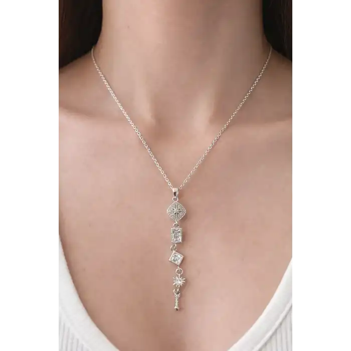 Gümüş Renk Taş Detaylı Y Kolye