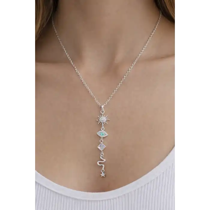 Gümüş Renk Taş Detaylı Y Kolye