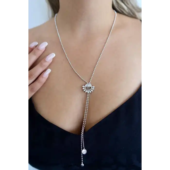 Gümüş Renk Taş Detaylı Y Kolye