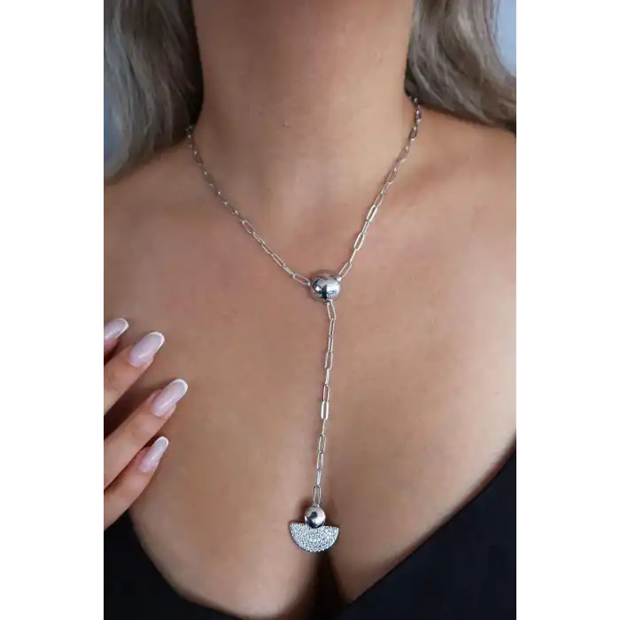 Gümüş Renk Taş Detaylı Y Kolye