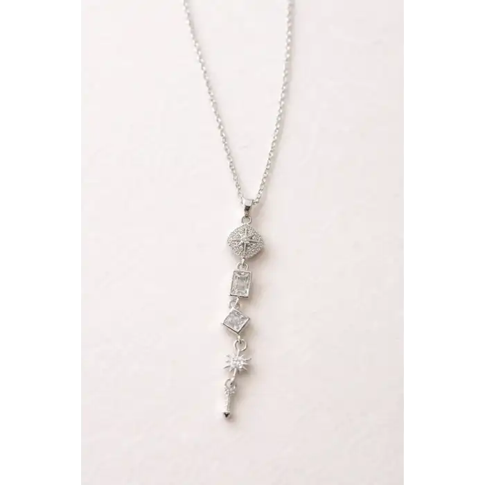 Gümüş Renk Taş Detaylı Y Kolye