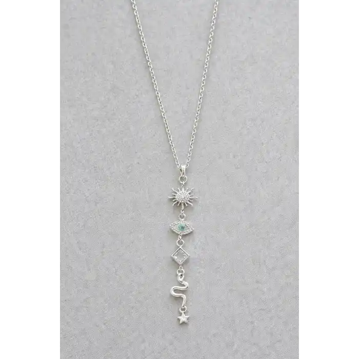 Gümüş Renk Taş Detaylı Y Kolye