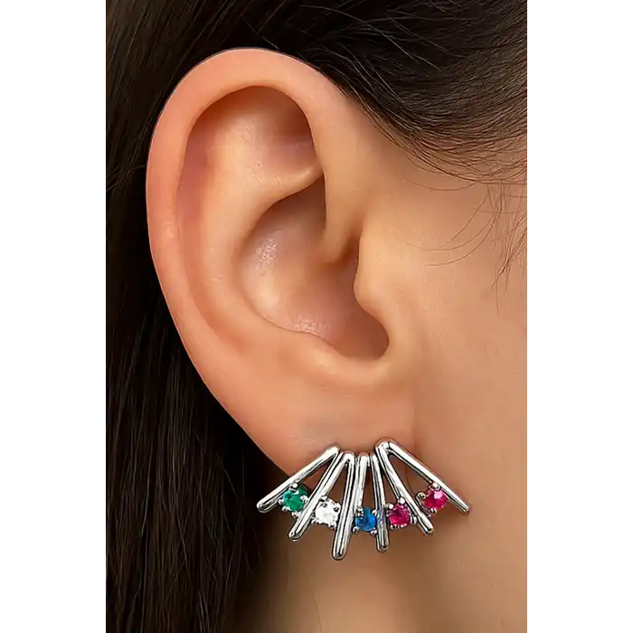 Gümüş Renk Taş Detaylı YSX Küpe (Çift)