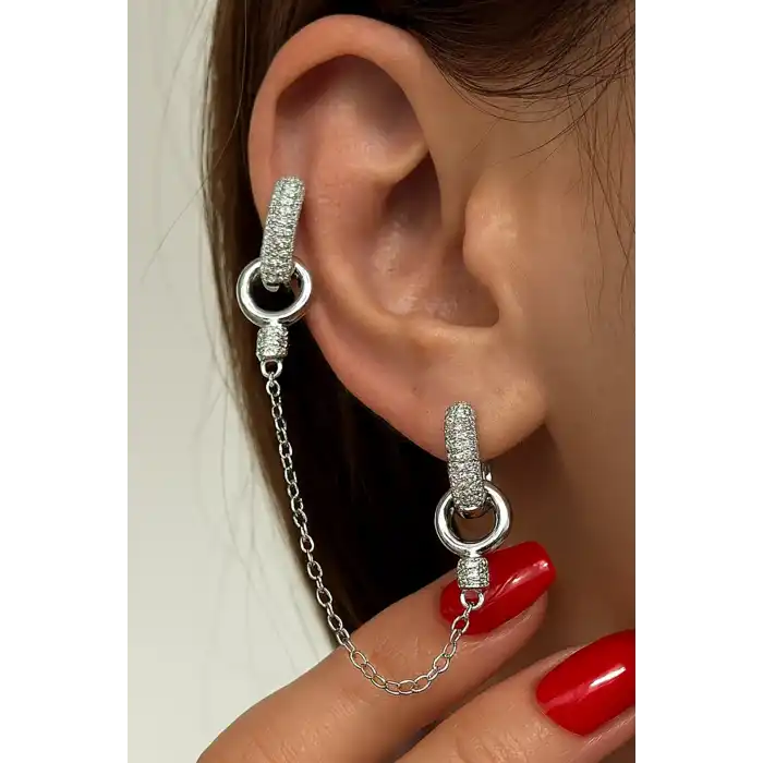 Gümüş Renk Taş Detaylı YSX Küpe (Çift)