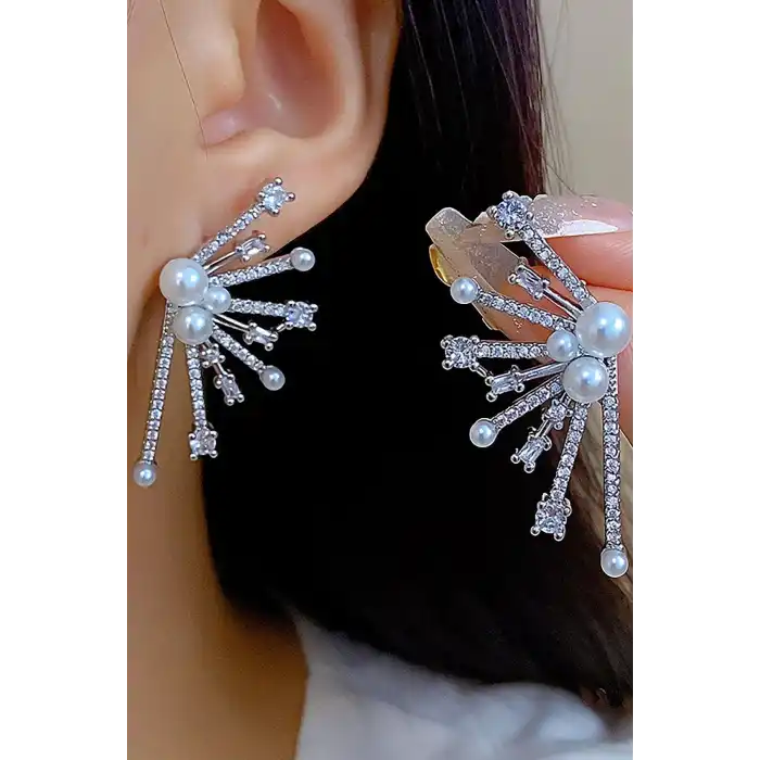 Gümüş Renk Taş Ve İnci Detaylı 14K Altın Kaplama Küpe (Çift)