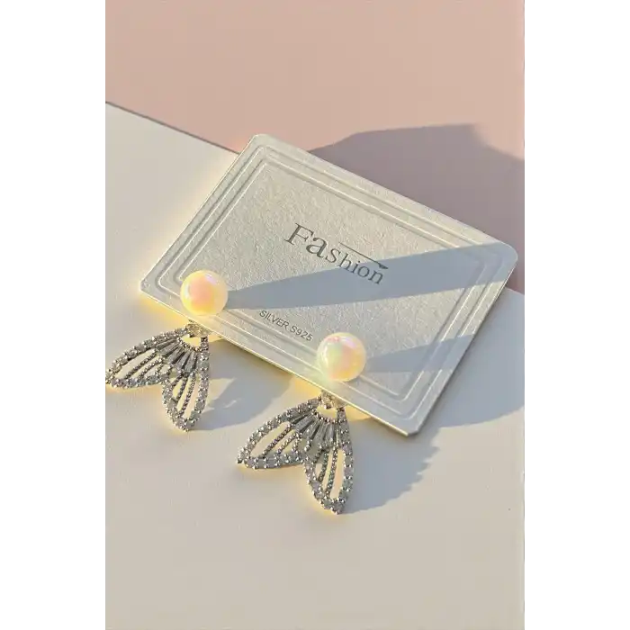 Gümüş Renk Taş Ve İnci Detaylı 14K Altın Kaplama Küpe (Çift)