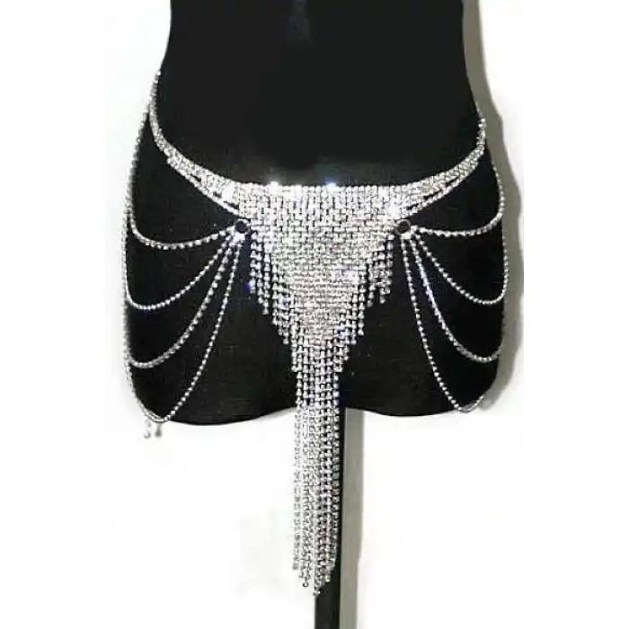 Gümüş Renk Taşlı Bel Zinciri