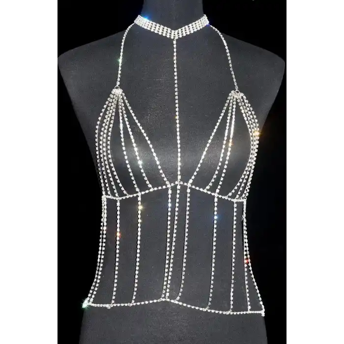 Gümüş Renk Taşlı Bikini Üstü /Bralet /Vücut Aksesuarı