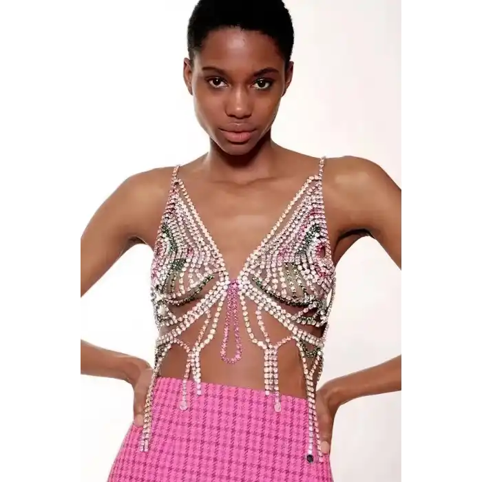 Gümüş Renk Taşlı Bikini Üstü /Bralet /Vücut Aksesuarı