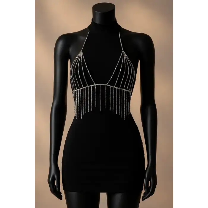 Gümüş Renk Taşlı Bikini Üstü /Bralet /Vücut Aksesuarı