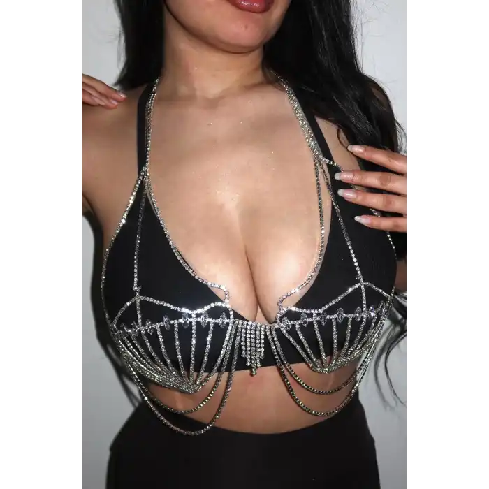 Gümüş Renk Taşlı Bikini Üstü/ Vücut Aksesuarı