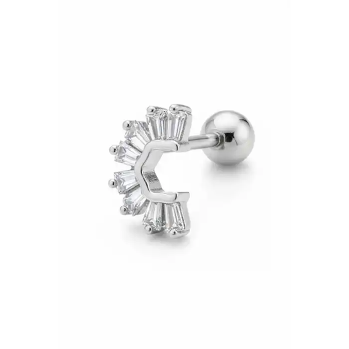 Gümüş Renk Taşlı Cerrahi Çelik Tragus/Kıkırdak Küpe/Piercing (Tek)