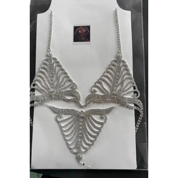 Gümüş Renk Taşlı Sütyen ve Tanga Takım Kostüm/ İç Giyim/ Vücut Aksesuarı Set