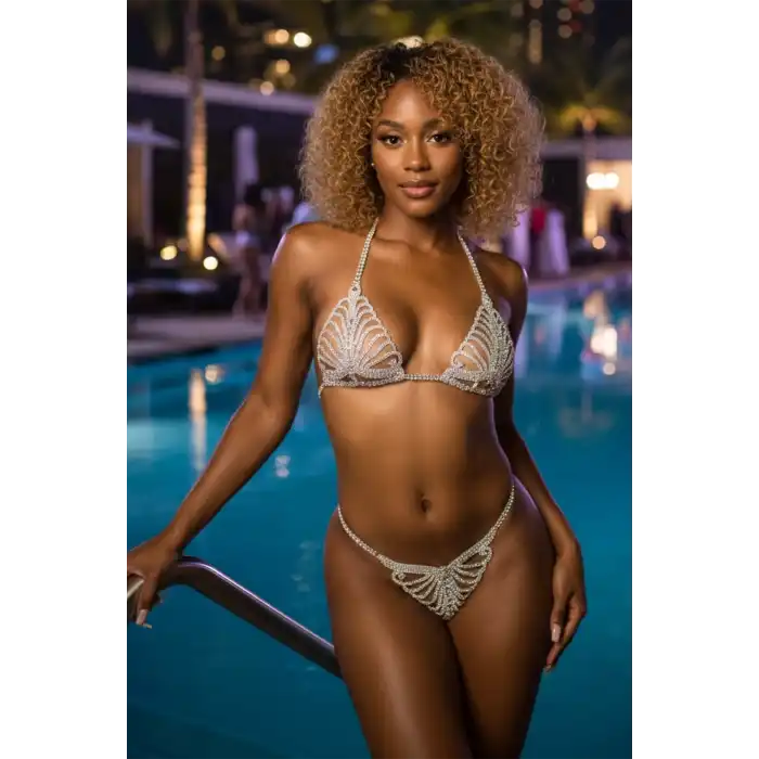 Gümüş Renk Taşlı Sütyen ve Tanga Takım Kostüm/ İç Giyim/ Vücut Aksesuarı Set