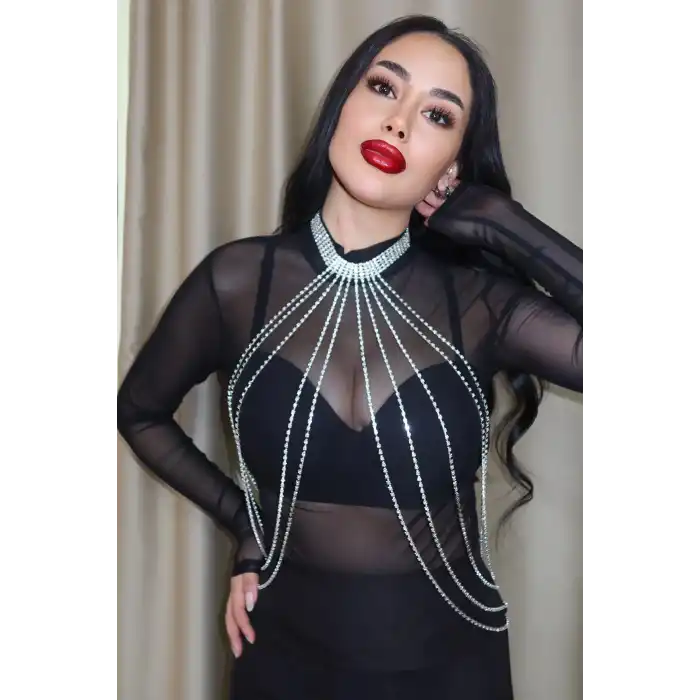 Gümüş Renk Taşlı Tasarım Vücut Aksesuarı