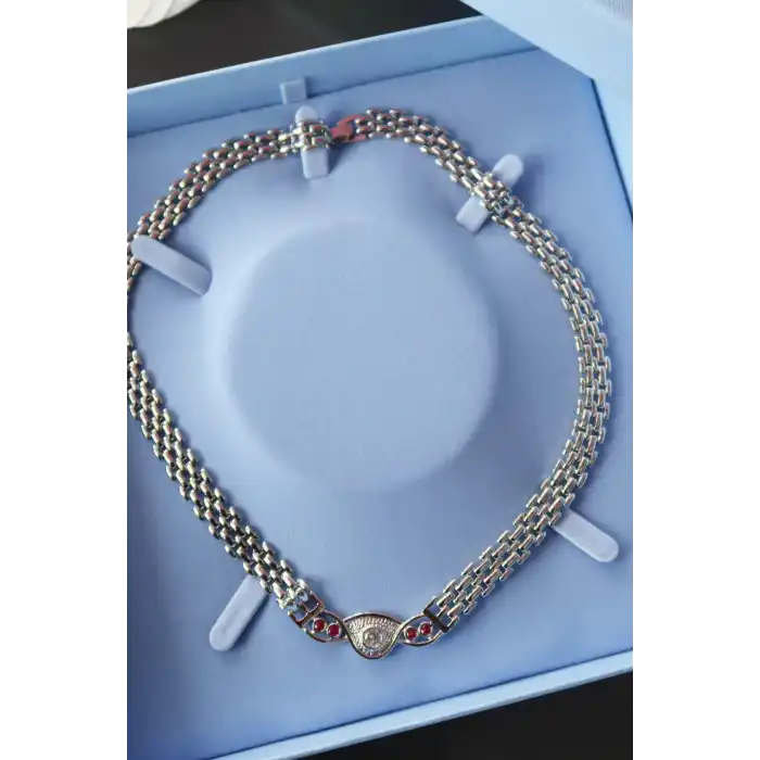 Gümüş Renk Taşlı Zincir Detaylı VİP YSX Kolye